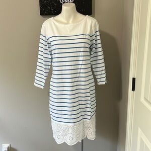 VINEYARD VINES Long-Sleeve Stripe Knit Lace Hem Dress Blue White Sz M